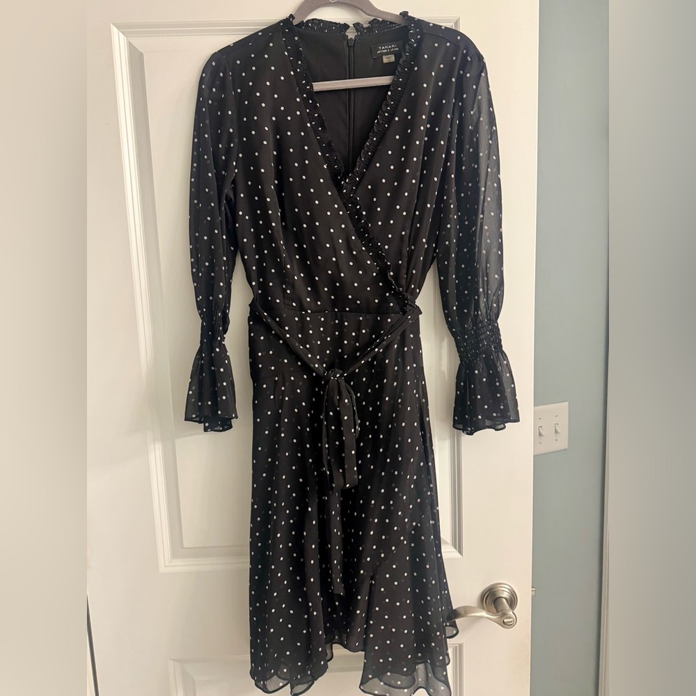 Tahari size 10 Black Polka Dot Faux Wrap Dress